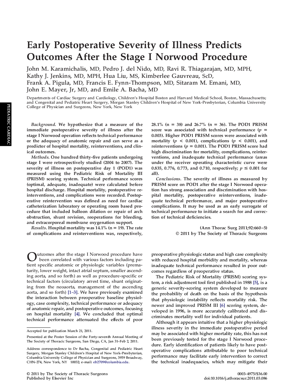 Early Postoperative Severity of Illness Predicts Outcomes After the Stage I Norwood Procedure