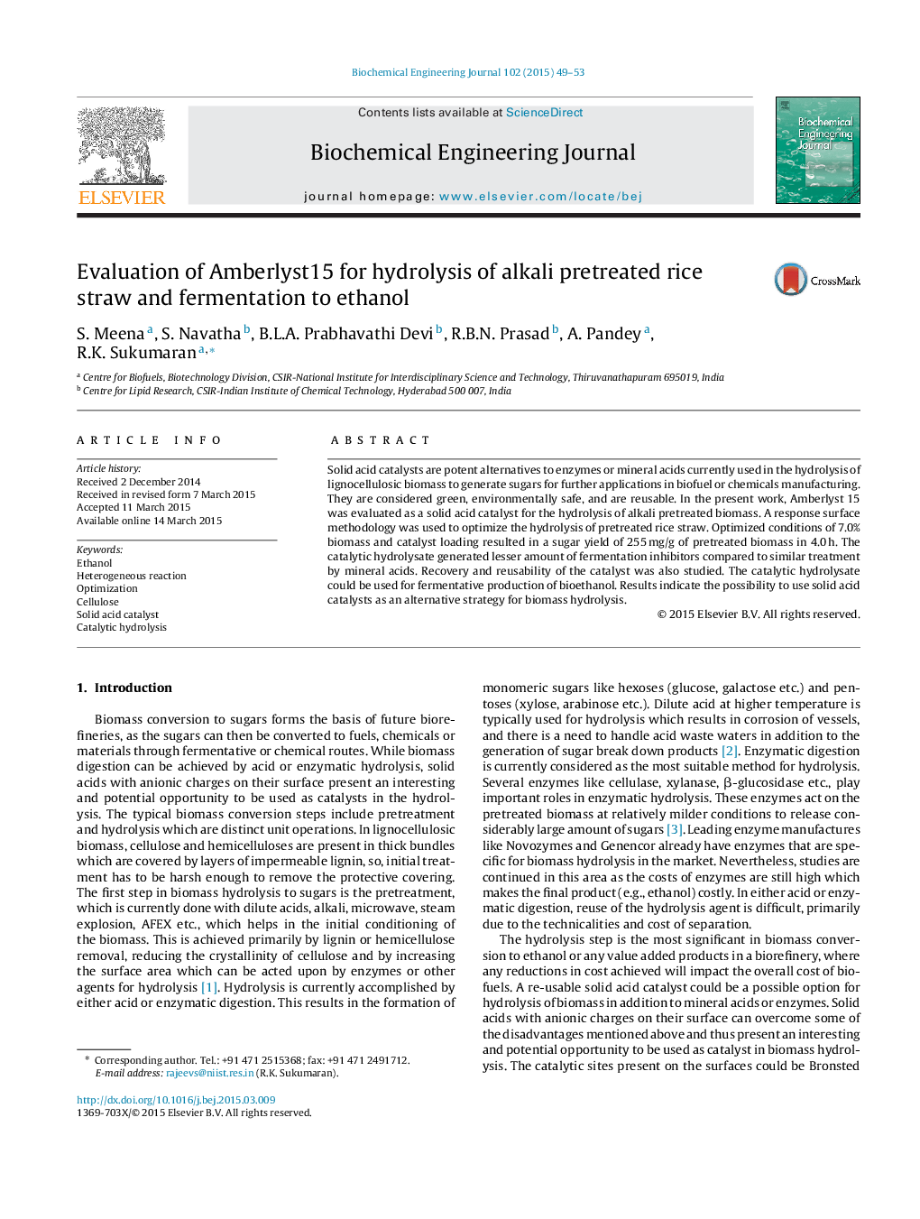 Evaluation of Amberlyst15 for hydrolysis of alkali pretreated rice straw and fermentation to ethanol