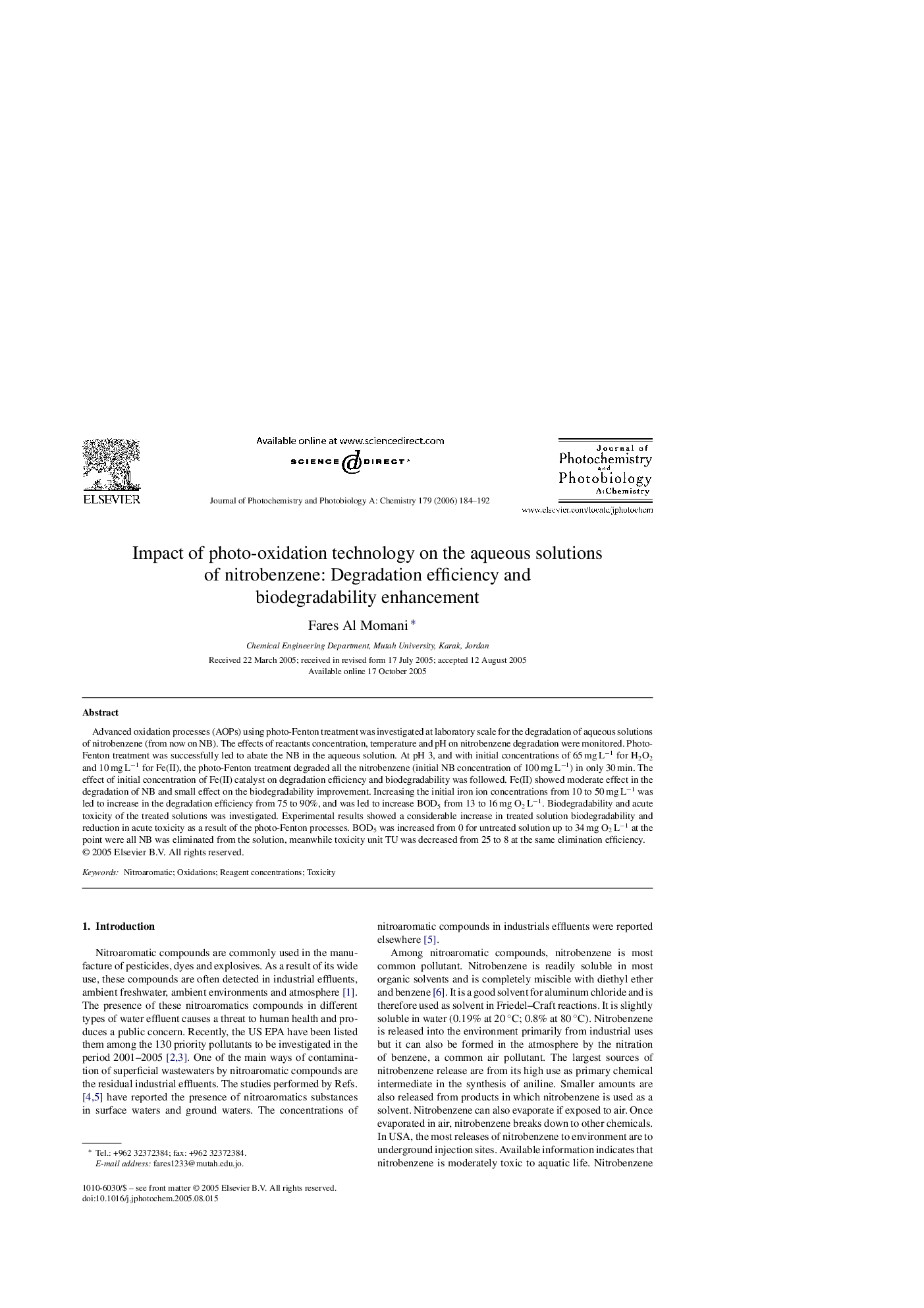 Impact of photo-oxidation technology on the aqueous solutions of nitrobenzene: Degradation efficiency and biodegradability enhancement