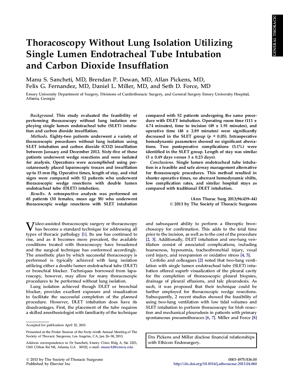 Thoracoscopy Without Lung Isolation Utilizing Single Lumen Endotracheal Tube Intubation andÂ Carbon Dioxide Insufflation