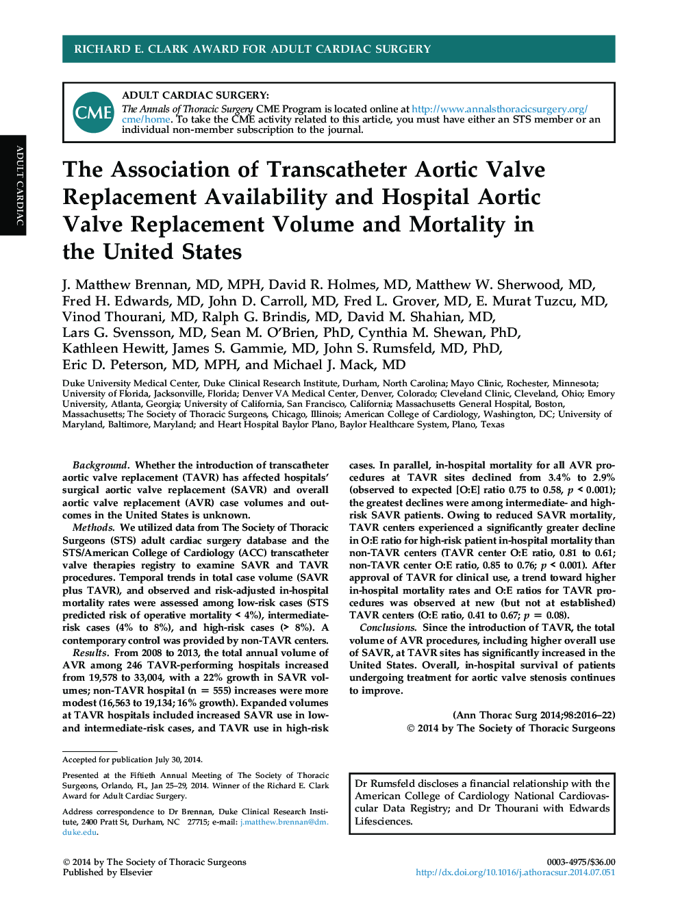 The Association of Transcatheter Aortic Valve Replacement Availability and Hospital Aortic ValveÂ Replacement Volume and Mortality in theÂ United States
