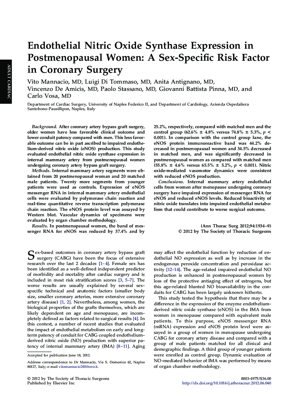 Endothelial Nitric Oxide Synthase Expression in Postmenopausal Women: A Sex-Specific Risk Factor in Coronary Surgery