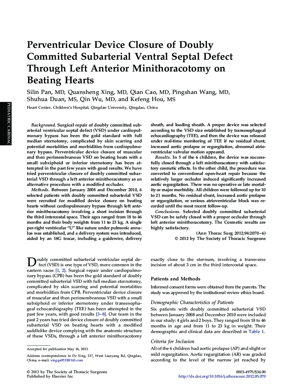 Perventricular Device Closure of Doubly Committed Subarterial Ventral Septal Defect Through Left Anterior Minithoracotomy on Beating Hearts