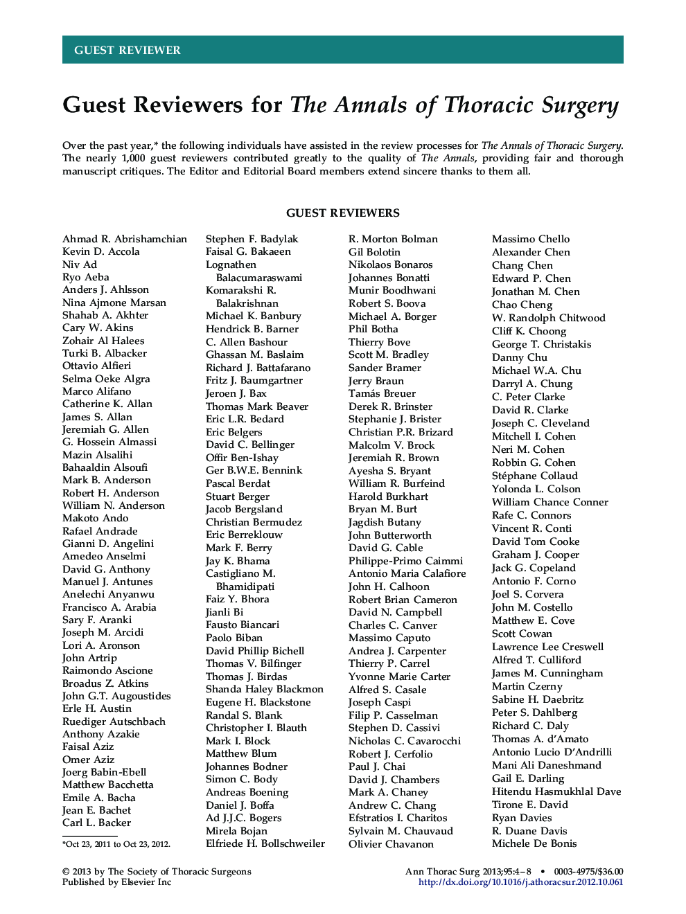 Guest Reviewers for The Annals of Thoracic Surgery