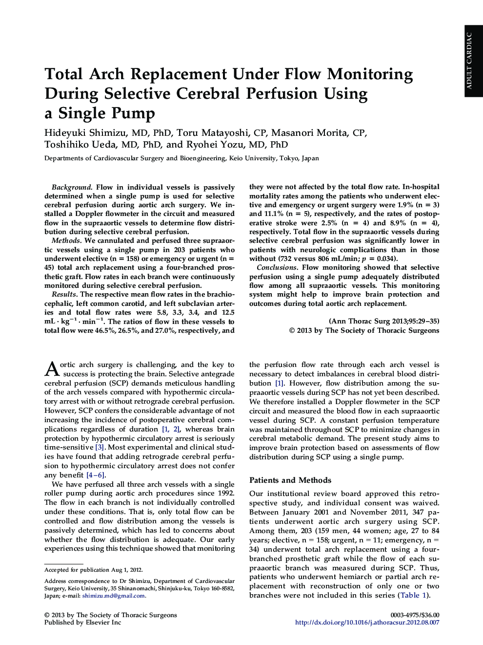 Total Arch Replacement Under Flow Monitoring During Selective Cerebral Perfusion Using a Single Pump