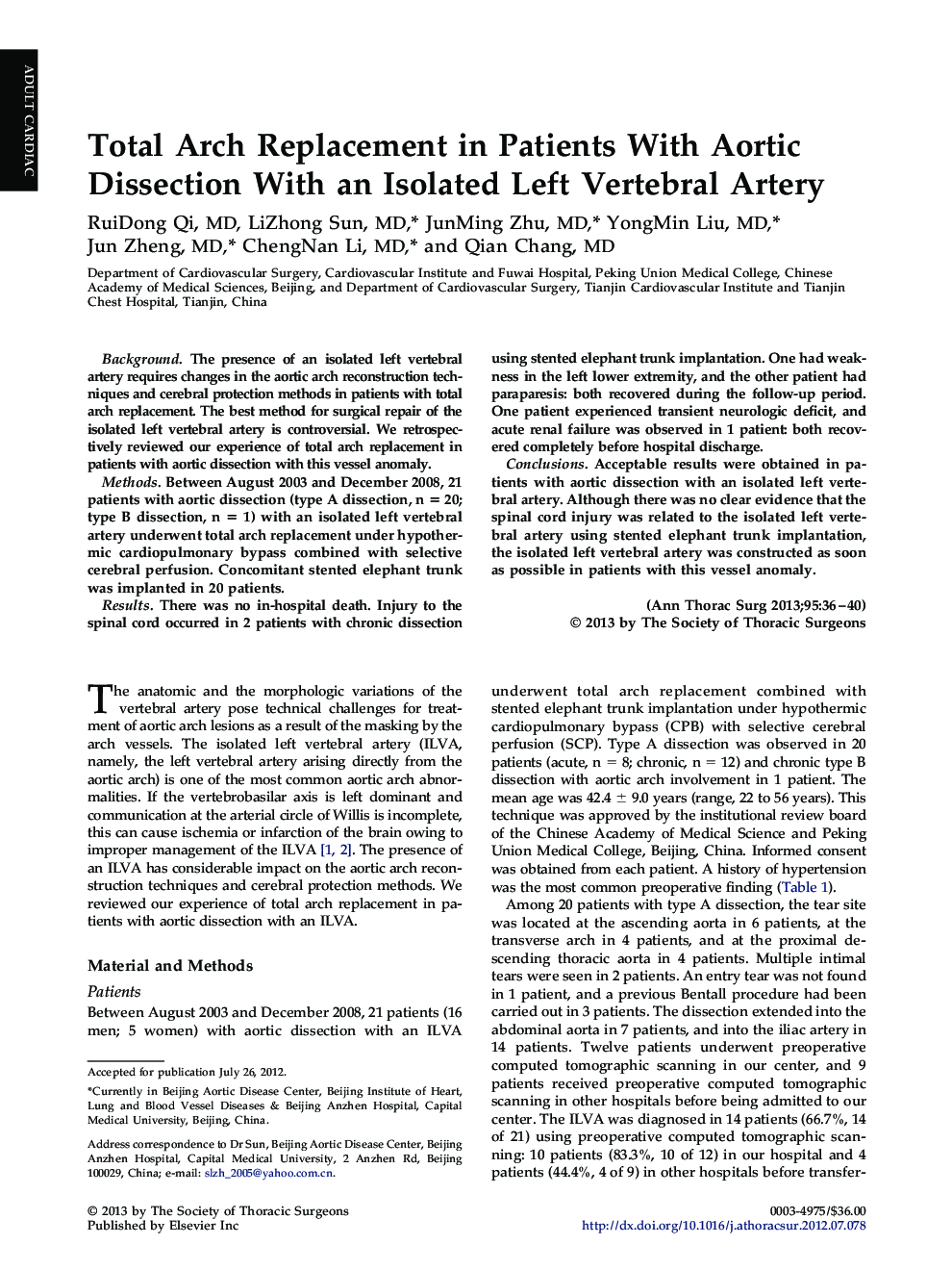 Total Arch Replacement in Patients With Aortic Dissection With an Isolated Left Vertebral Artery