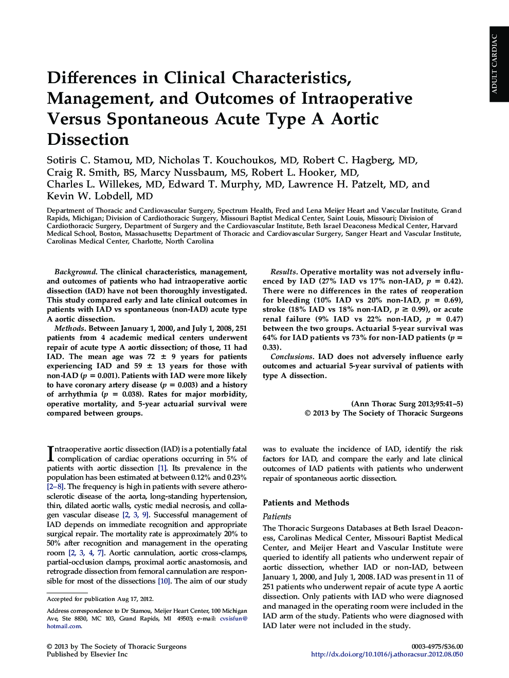 Differences in Clinical Characteristics, Management, and Outcomes of Intraoperative Versus Spontaneous Acute Type A Aortic Dissection