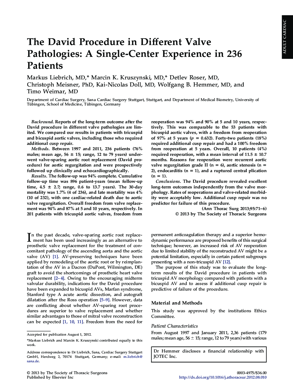 The David Procedure in Different Valve Pathologies: A Single-Center Experience in 236 Patients
