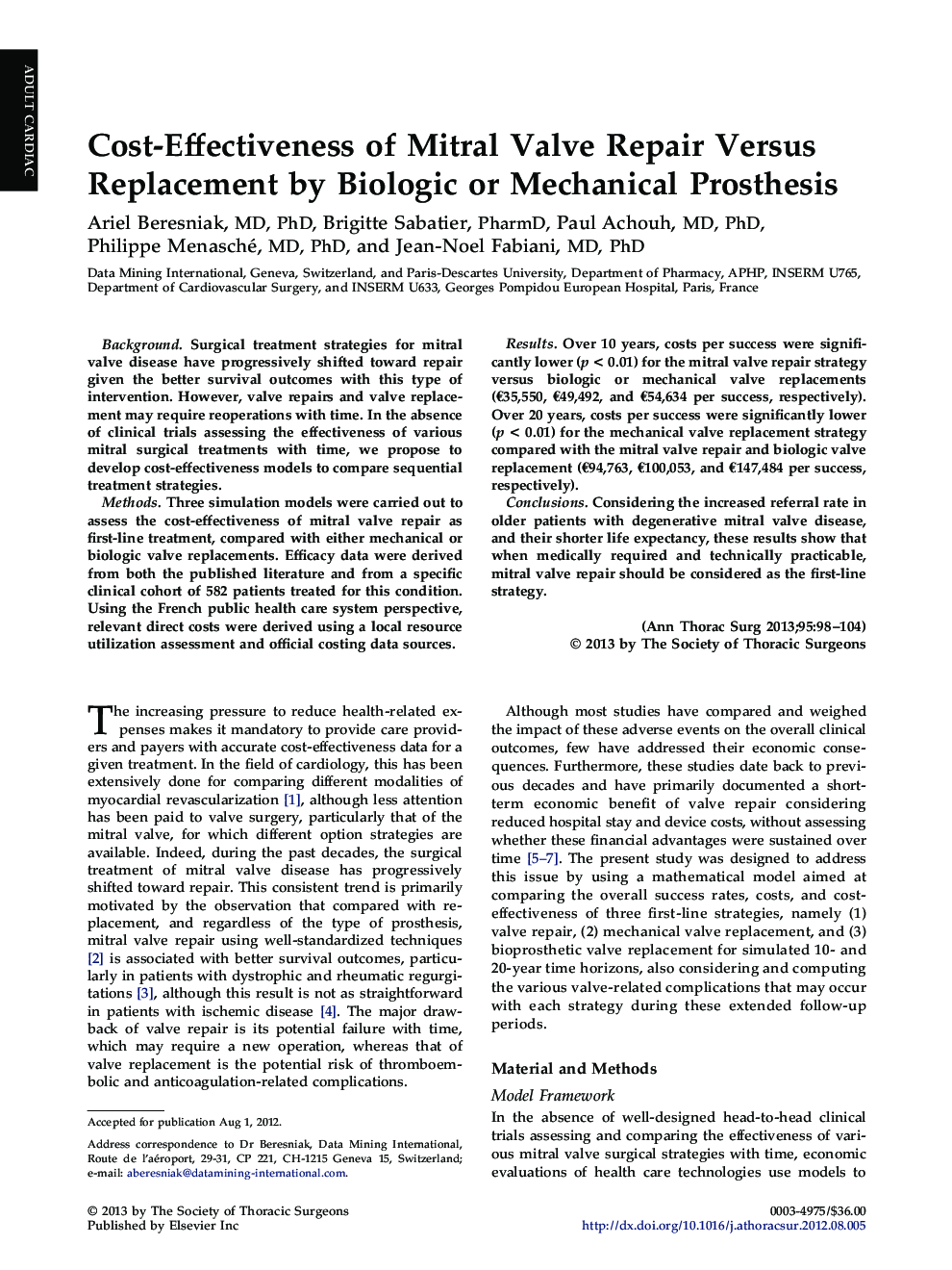 Cost-Effectiveness of Mitral Valve Repair Versus Replacement by Biologic or Mechanical Prosthesis