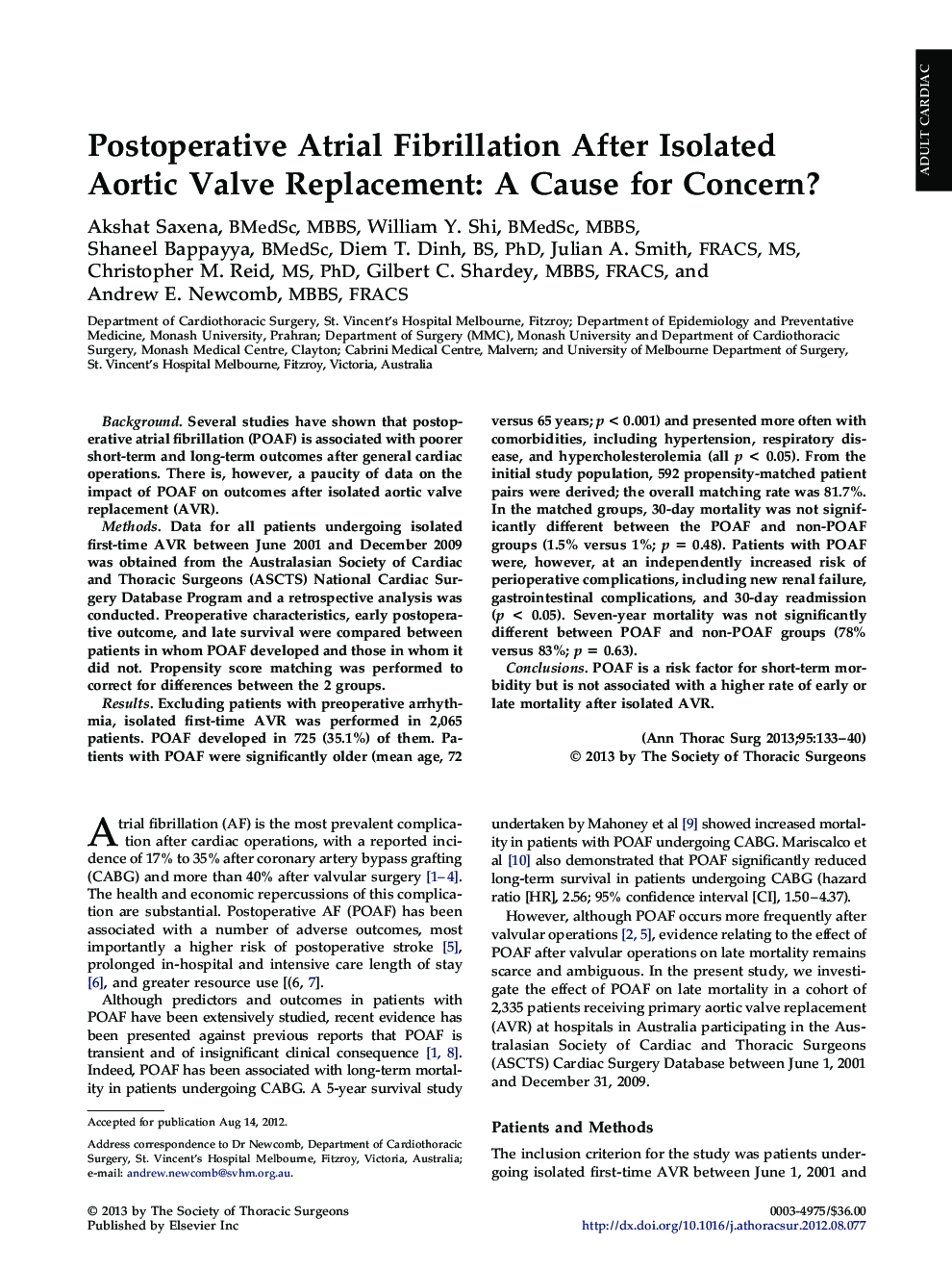 Postoperative Atrial Fibrillation After Isolated Aortic Valve Replacement: A Cause for Concern?