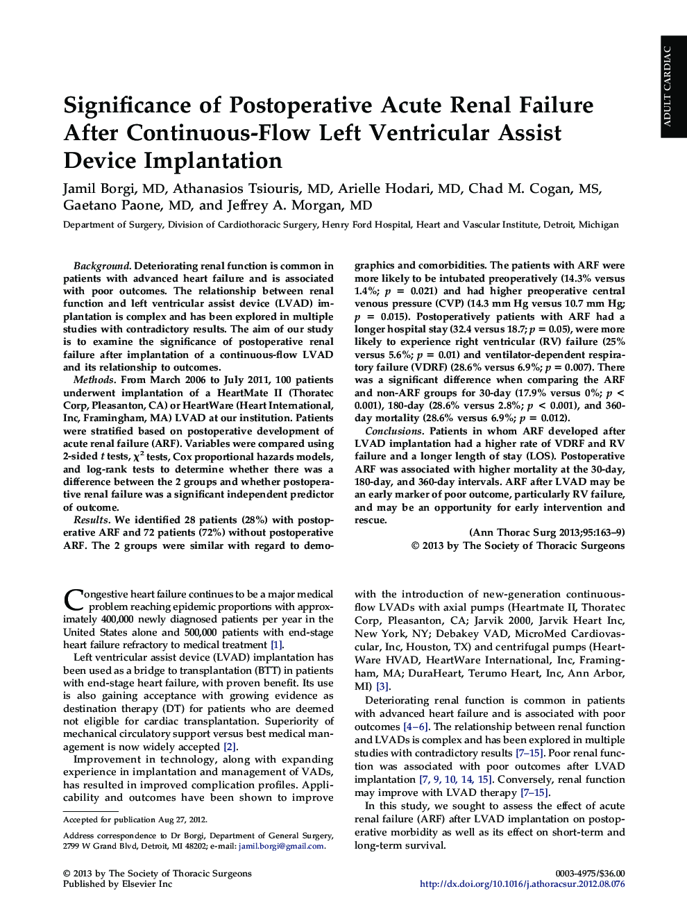Significance of Postoperative Acute Renal Failure After Continuous-Flow Left Ventricular Assist Device Implantation