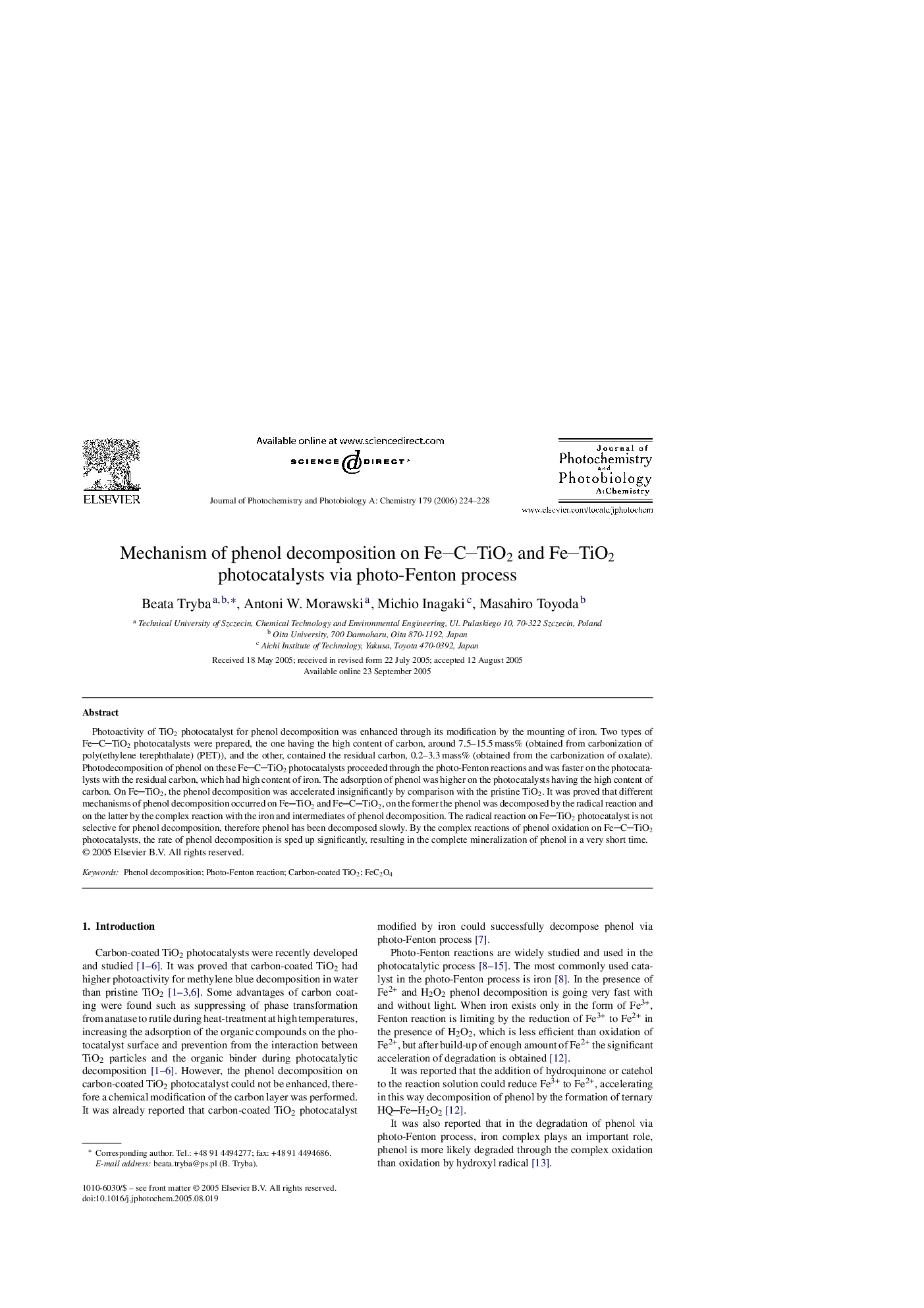 Mechanism of phenol decomposition on FeCTiO2 and FeTiO2 photocatalysts via photo-Fenton process