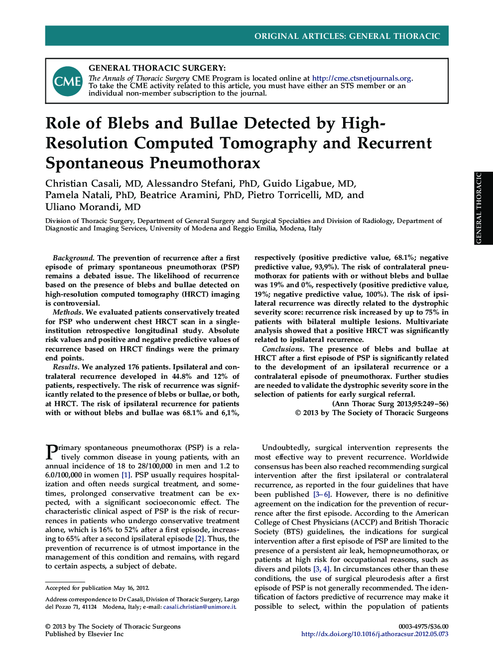 Role of Blebs and Bullae Detected by High-Resolution Computed Tomography and Recurrent Spontaneous Pneumothorax