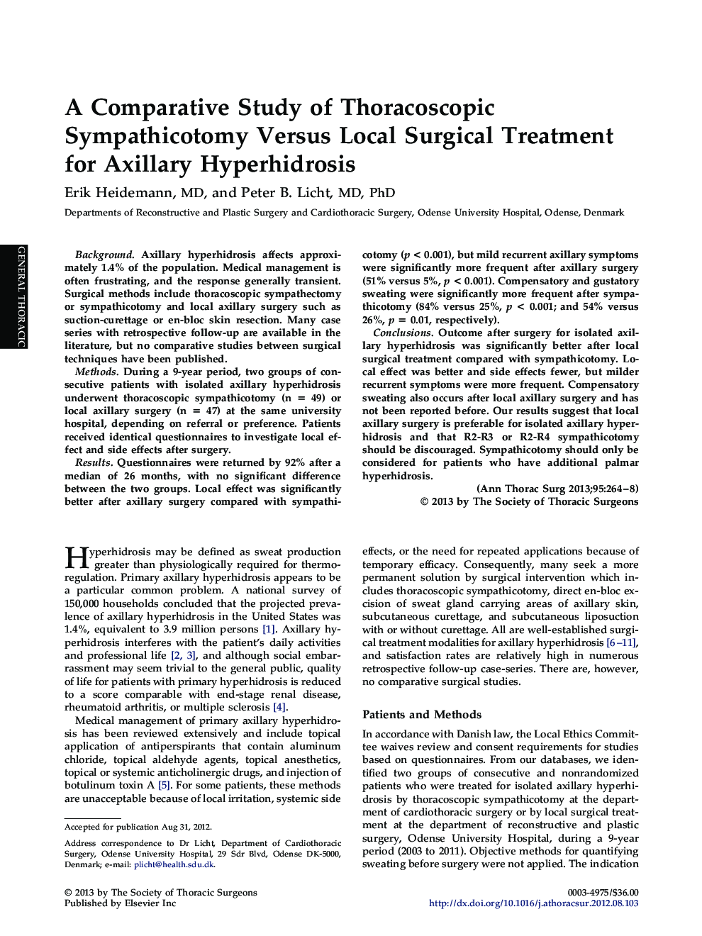 A Comparative Study of Thoracoscopic Sympathicotomy Versus Local Surgical Treatment for Axillary Hyperhidrosis