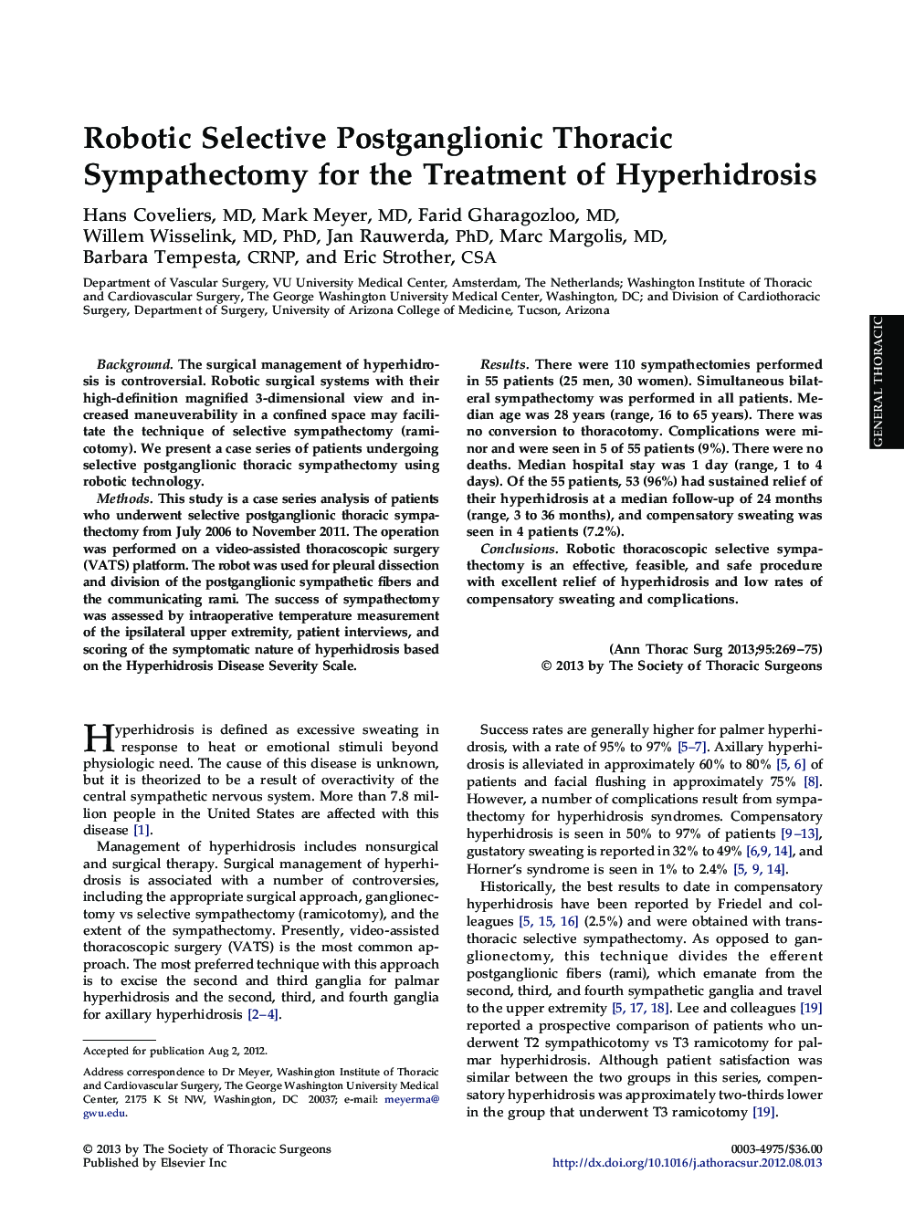 Robotic Selective Postganglionic Thoracic Sympathectomy for the Treatment of Hyperhidrosis