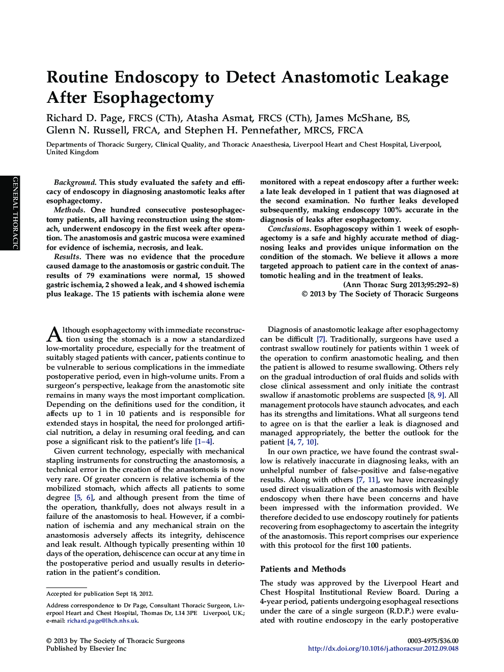 Routine Endoscopy to Detect Anastomotic Leakage After Esophagectomy