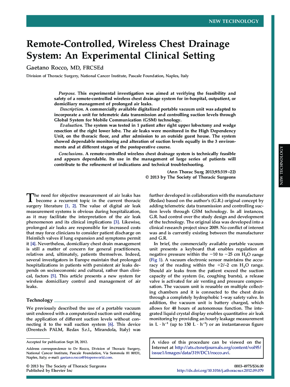 Remote-Controlled, Wireless Chest Drainage System: An Experimental Clinical Setting
