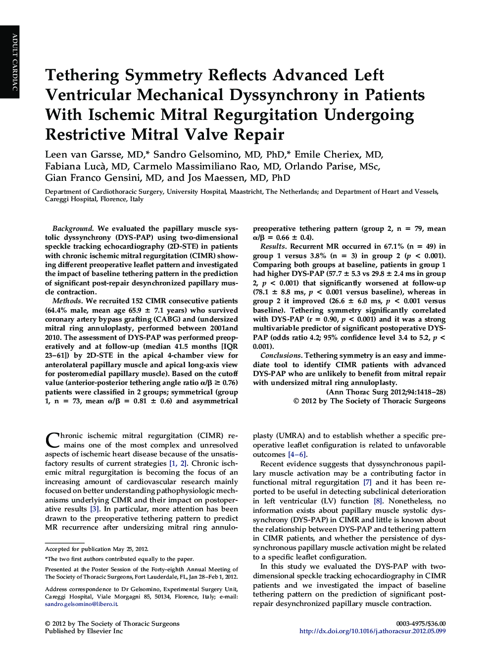 Tethering Symmetry Reflects Advanced Left Ventricular Mechanical Dyssynchrony in Patients With Ischemic Mitral Regurgitation Undergoing Restrictive Mitral Valve Repair