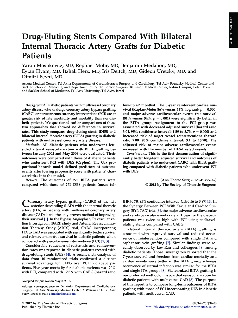 Drug-Eluting Stents Compared With Bilateral Internal Thoracic Artery Grafts for Diabetic Patients