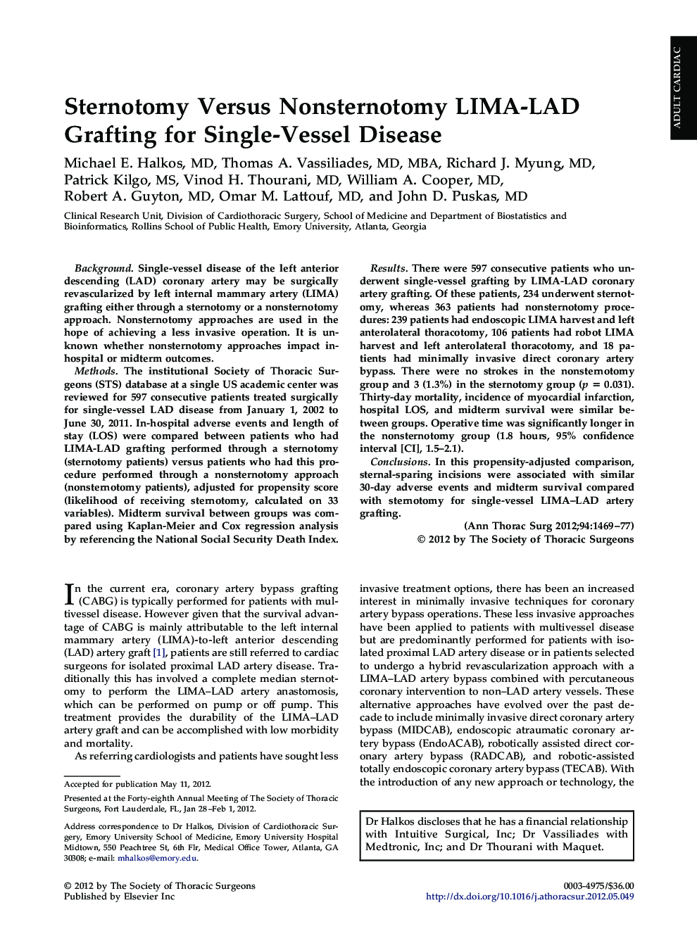 Sternotomy Versus Nonsternotomy LIMA-LAD Grafting for Single-Vessel Disease