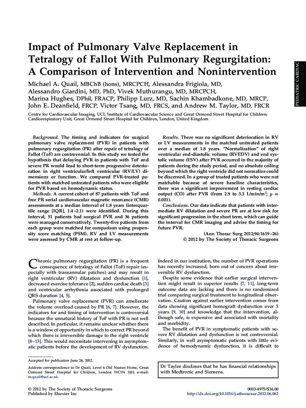 Impact of Pulmonary Valve Replacement in Tetralogy of Fallot With Pulmonary Regurgitation: A Comparison of Intervention and Nonintervention