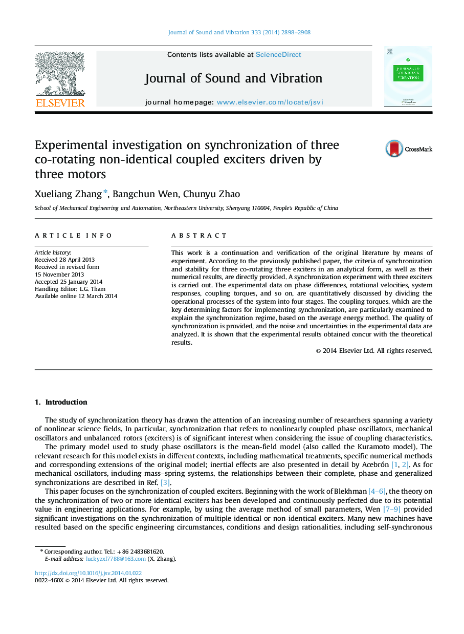 Experimental investigation on synchronization of three co-rotating non-identical coupled exciters driven by three motors