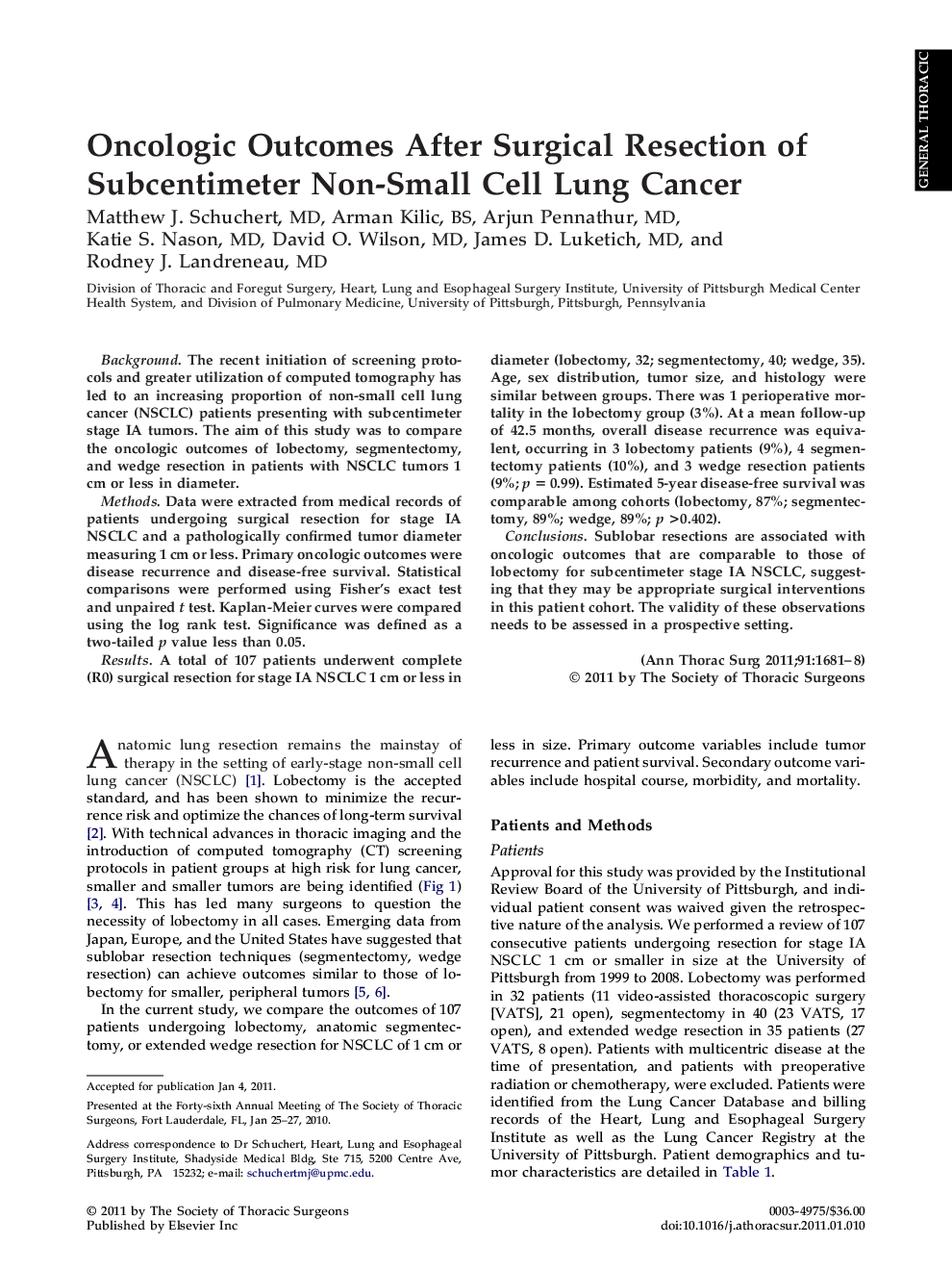 Oncologic Outcomes After Surgical Resection of Subcentimeter Non-Small Cell Lung Cancer