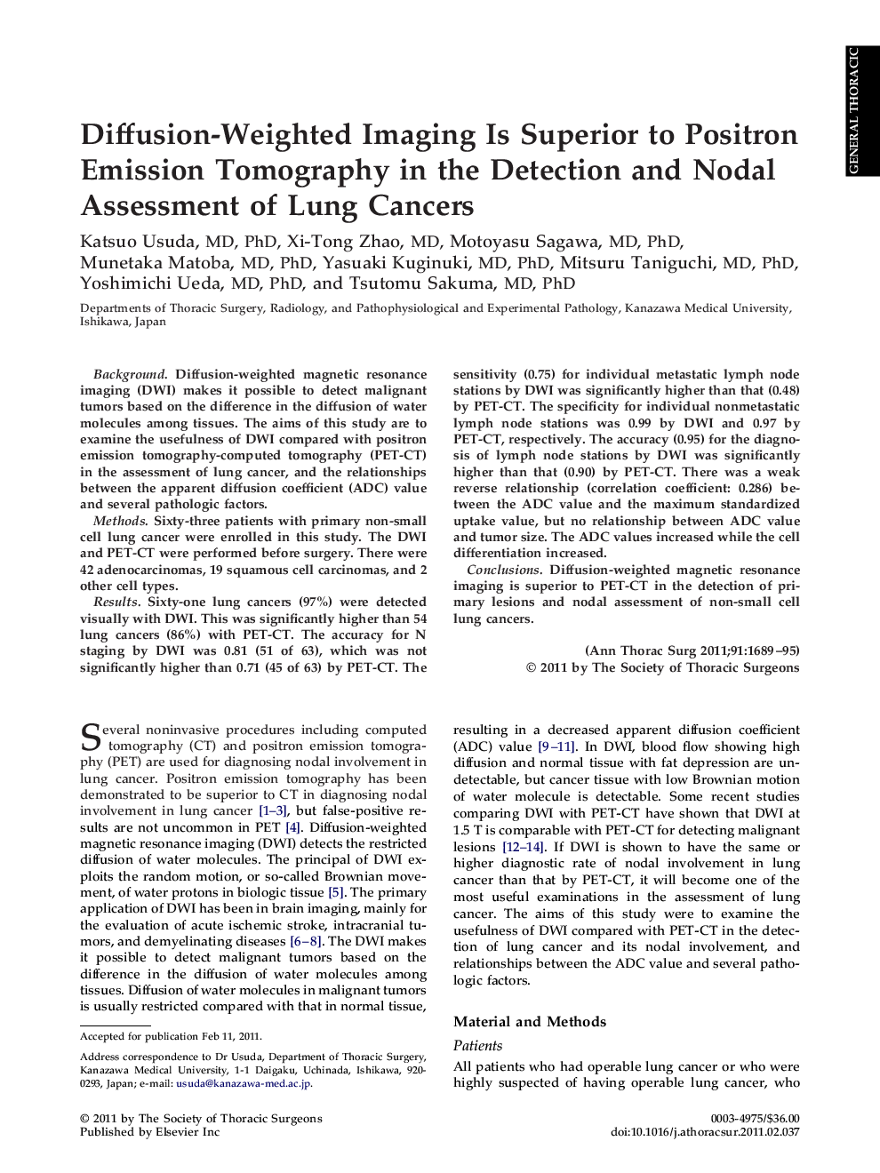 Diffusion-Weighted Imaging Is Superior to Positron Emission Tomography in the Detection and Nodal Assessment of Lung Cancers