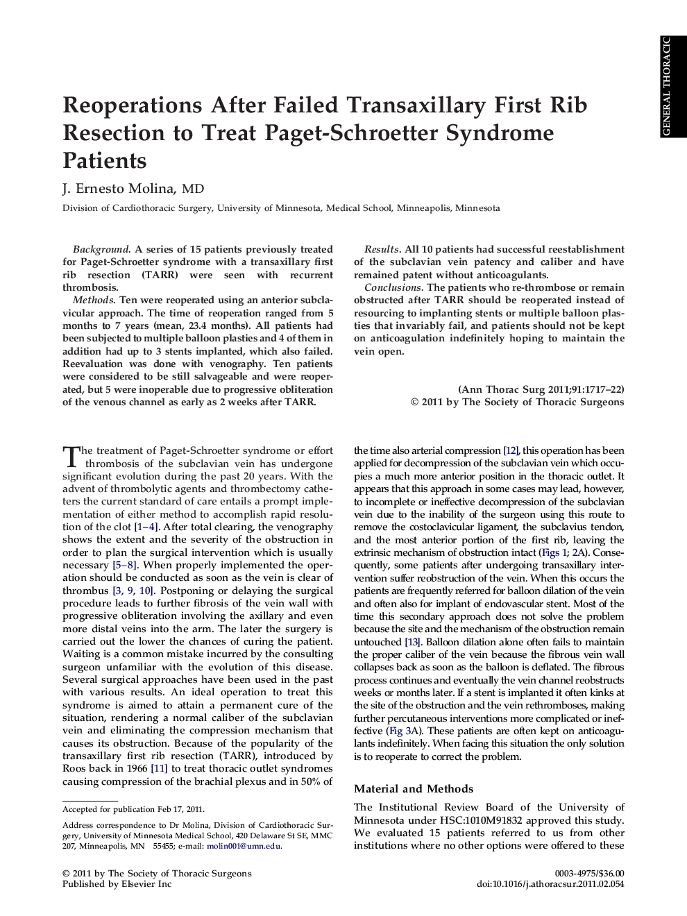 Reoperations After Failed Transaxillary First Rib Resection to Treat Paget-Schroetter Syndrome Patients