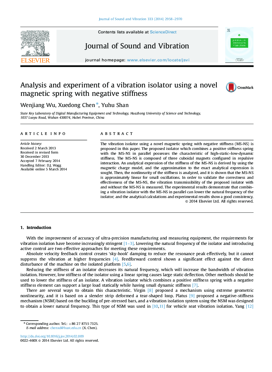 Analysis and experiment of a vibration isolator using a novel magnetic spring with negative stiffness