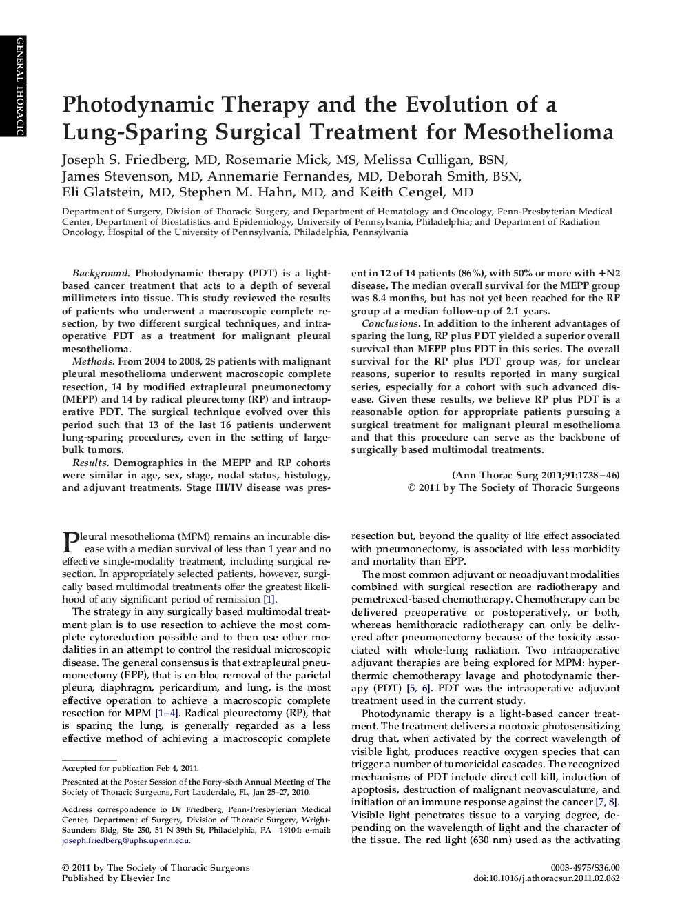 Photodynamic Therapy and the Evolution of a Lung-Sparing Surgical Treatment for Mesothelioma