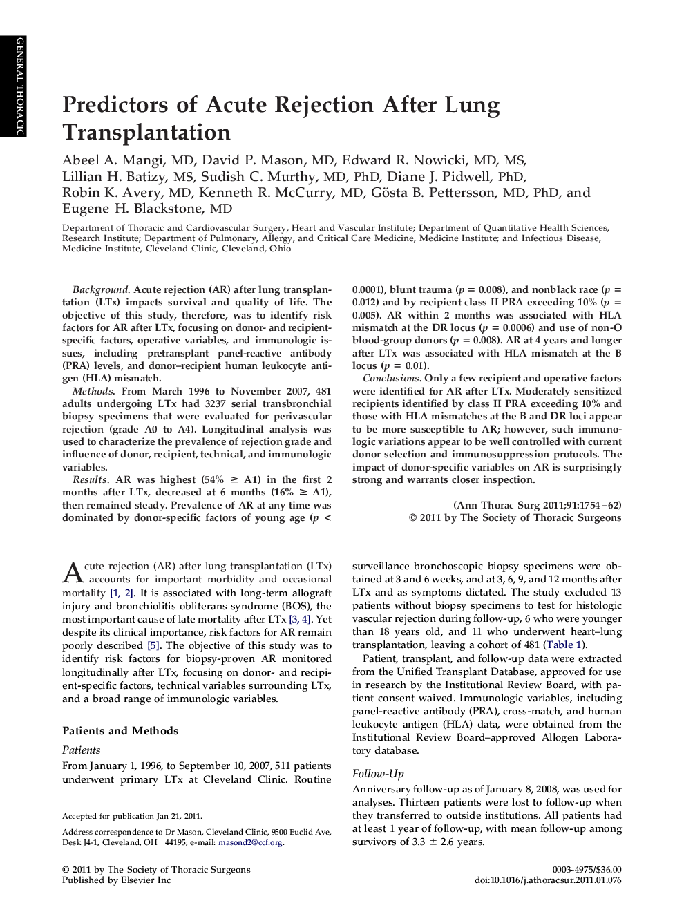 Predictors of Acute Rejection After Lung Transplantation
