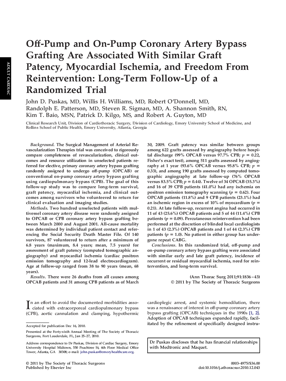 Off-Pump and On-Pump Coronary Artery Bypass Grafting Are Associated With Similar Graft Patency, Myocardial Ischemia, and Freedom From Reintervention: Long-Term Follow-Up of a Randomized Trial