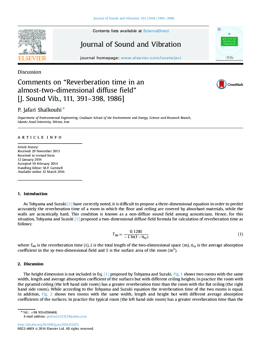 Comments on “Reverberation time in an almost-two-dimensional diffuse field” [J. Sound Vib., 111, 391-398, 1986]