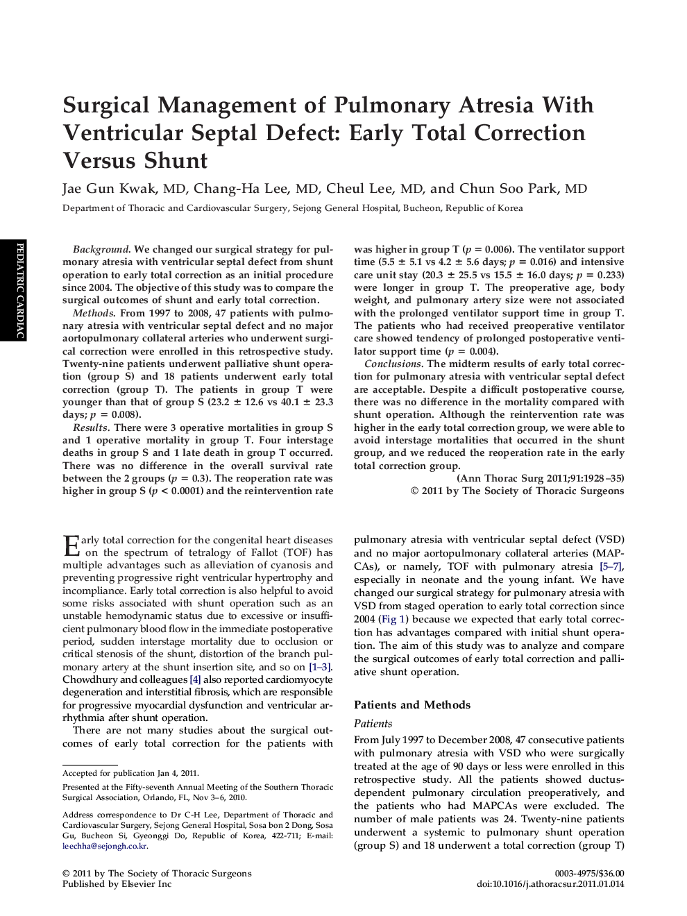 Surgical Management of Pulmonary Atresia With Ventricular Septal Defect: Early Total Correction Versus Shunt