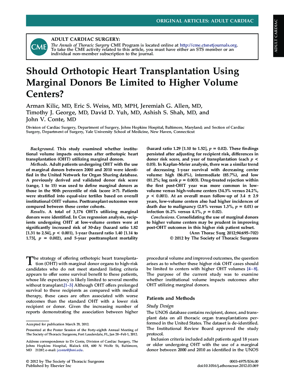 Should Orthotopic Heart Transplantation Using Marginal Donors Be Limited to Higher Volume Centers?