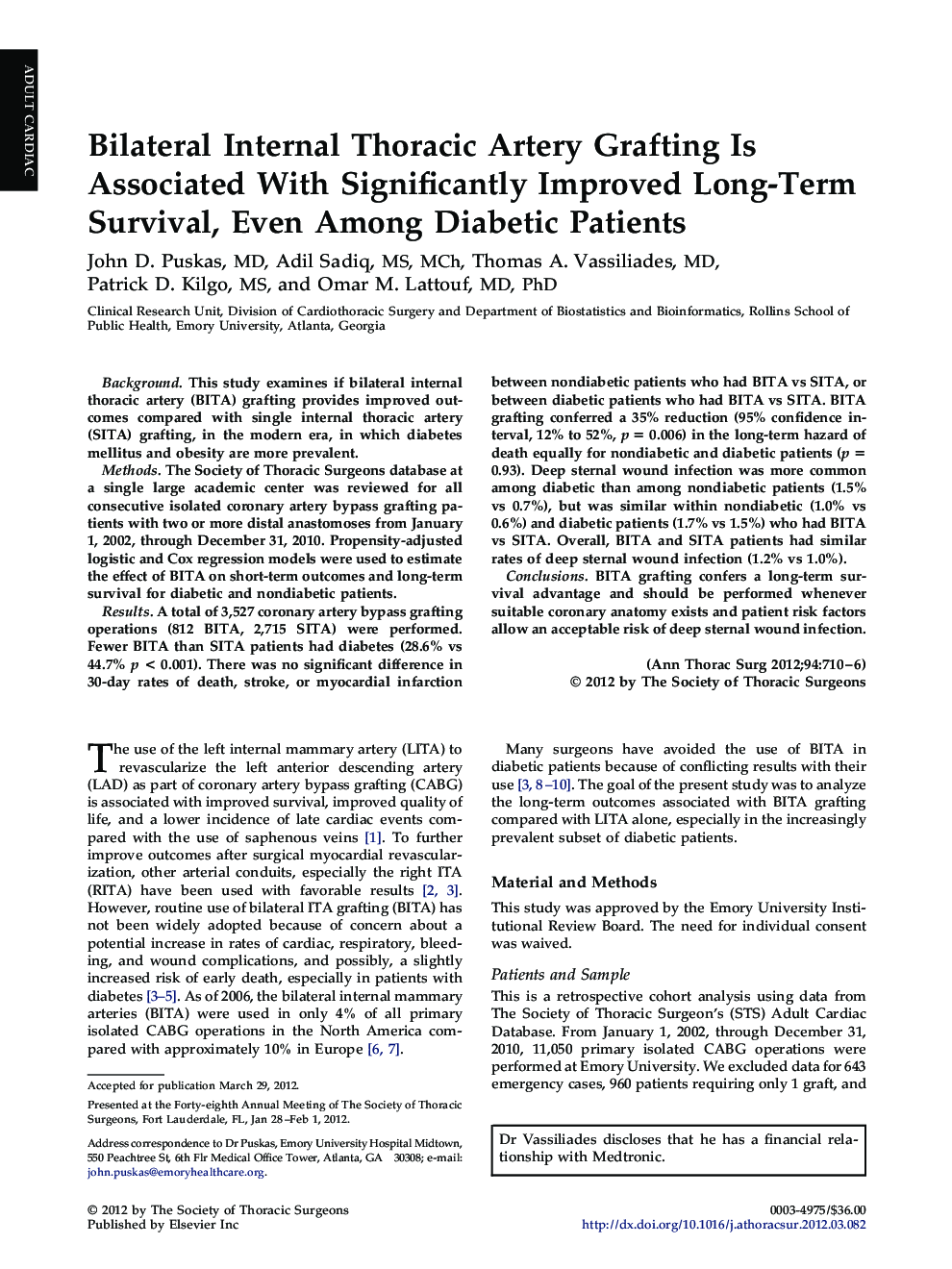 Bilateral Internal Thoracic Artery Grafting Is Associated With Significantly Improved Long-Term Survival, Even Among Diabetic Patients