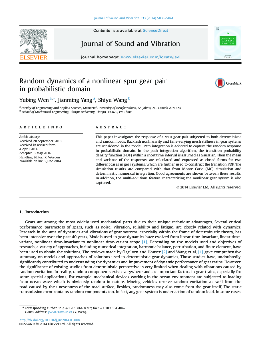 Random dynamics of a nonlinear spur gear pair in probabilistic domain