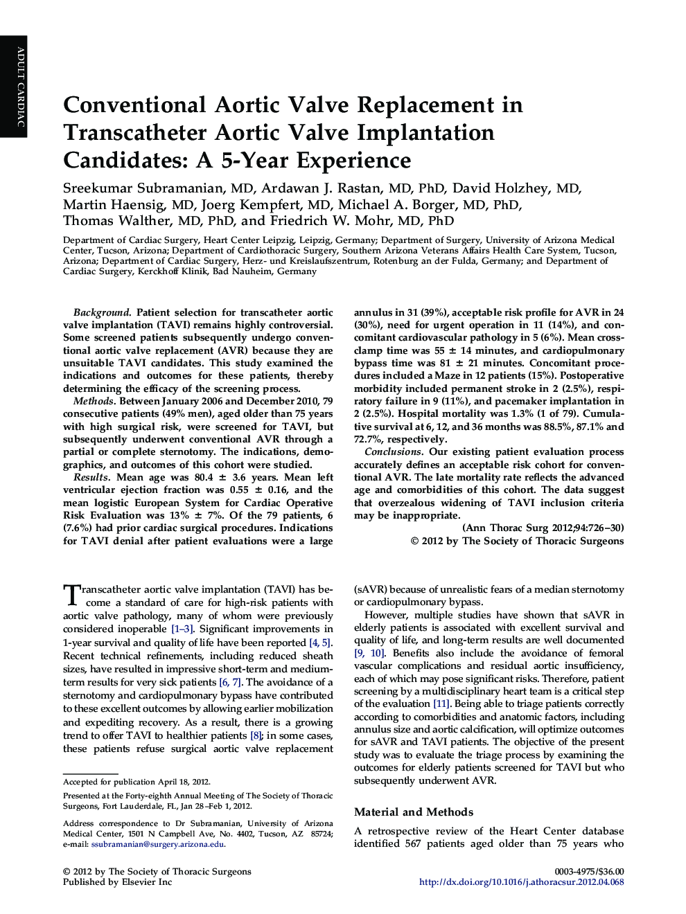 Conventional Aortic Valve Replacement in Transcatheter Aortic Valve Implantation Candidates: A 5-Year Experience