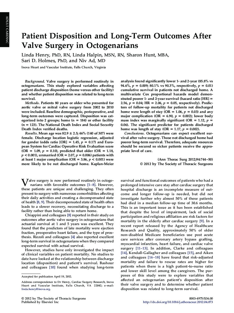 Patient Disposition and Long-Term Outcomes After Valve Surgery in Octogenarians