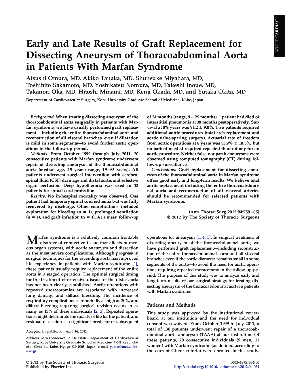 Early and Late Results of Graft Replacement for Dissecting Aneurysm of Thoracoabdominal Aorta in Patients With Marfan Syndrome