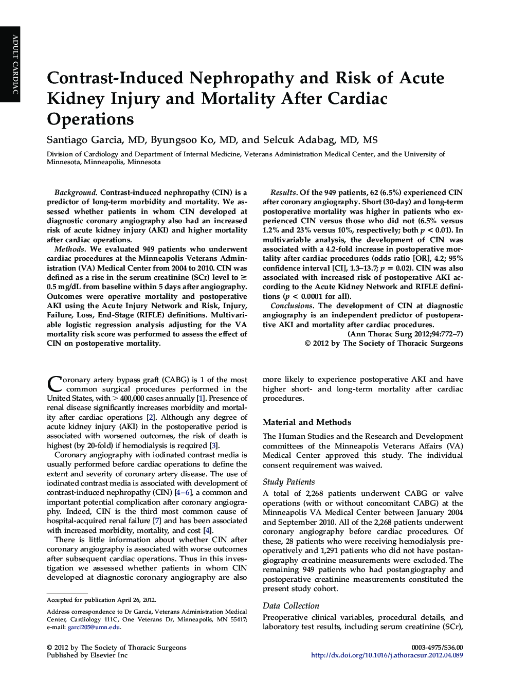 Contrast-Induced Nephropathy and Risk of Acute Kidney Injury and Mortality After Cardiac Operations