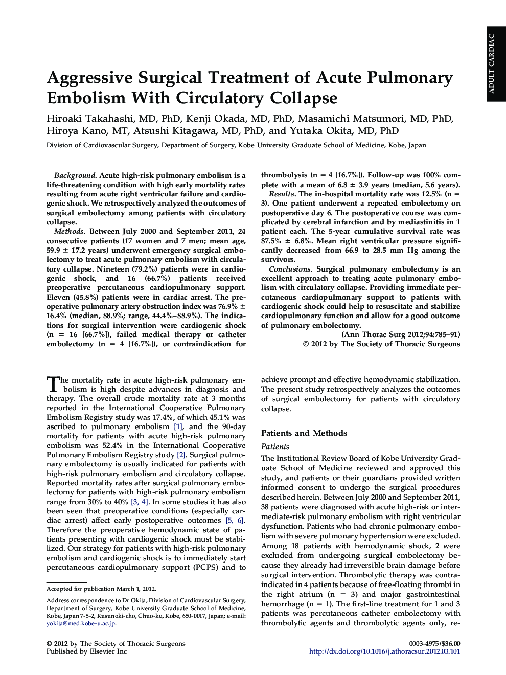 Aggressive Surgical Treatment of Acute Pulmonary Embolism With Circulatory Collapse