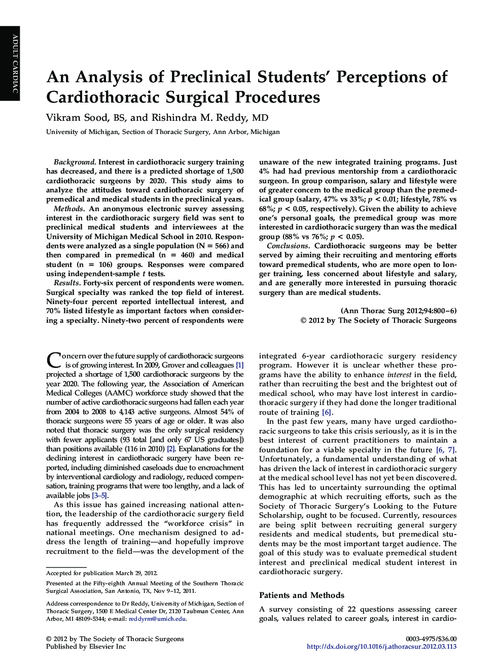 An Analysis of Preclinical Students' Perceptions of Cardiothoracic Surgical Procedures