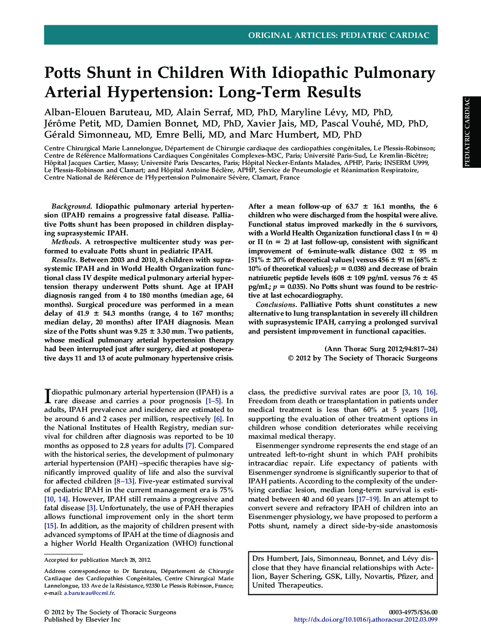 Potts Shunt in Children With Idiopathic Pulmonary Arterial Hypertension: Long-Term Results
