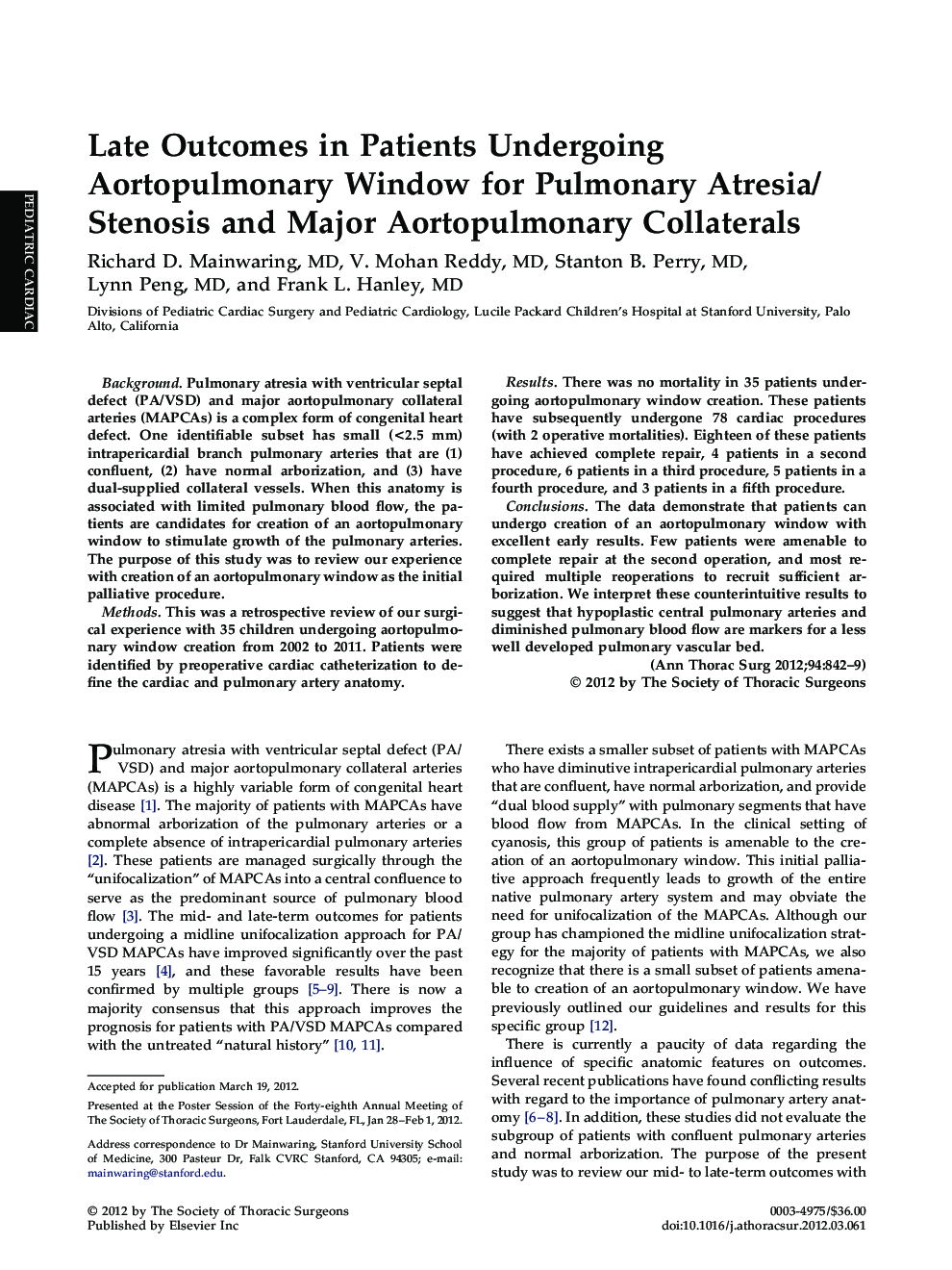 Late Outcomes in Patients Undergoing Aortopulmonary Window for Pulmonary Atresia/Stenosis and Major Aortopulmonary Collaterals