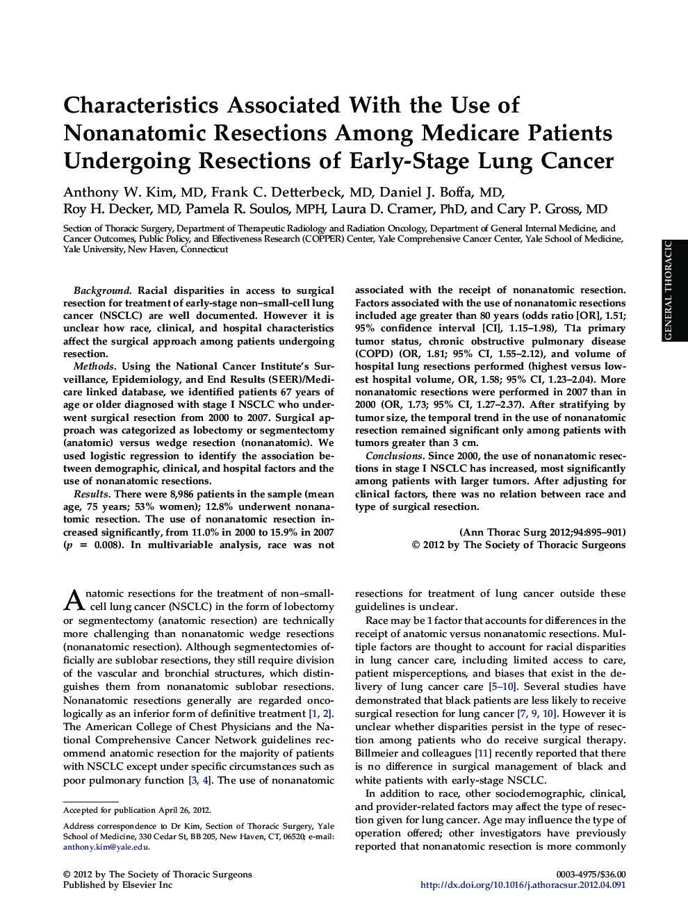 Characteristics Associated With the Use of Nonanatomic Resections Among Medicare Patients Undergoing Resections of Early-Stage Lung Cancer