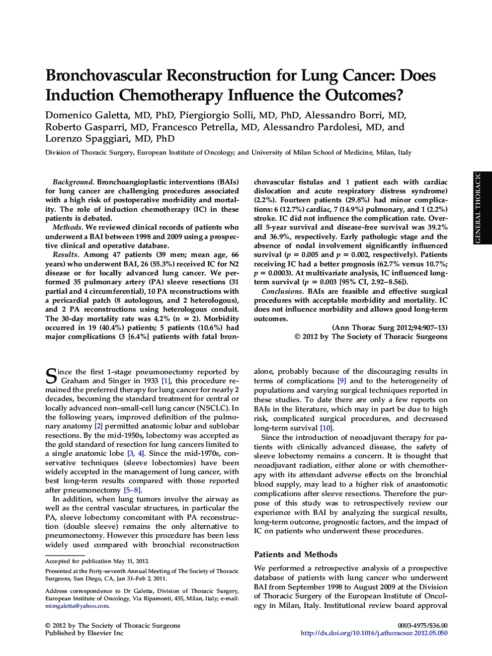 Bronchovascular Reconstruction for Lung Cancer: Does Induction Chemotherapy Influence the Outcomes?