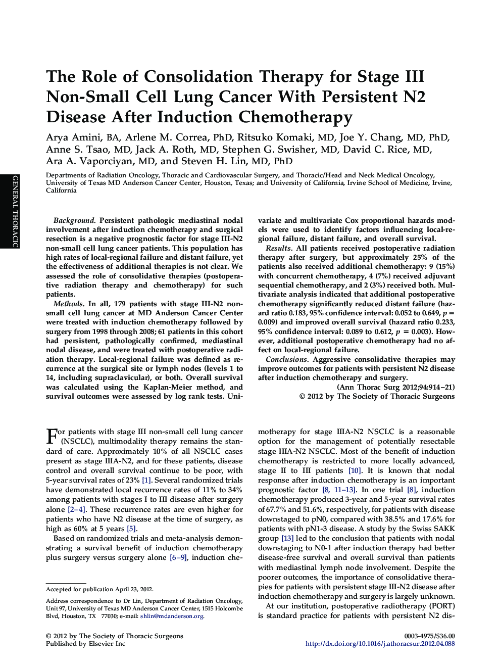 The Role of Consolidation Therapy for Stage III Non-Small Cell Lung Cancer With Persistent N2 Disease After Induction Chemotherapy