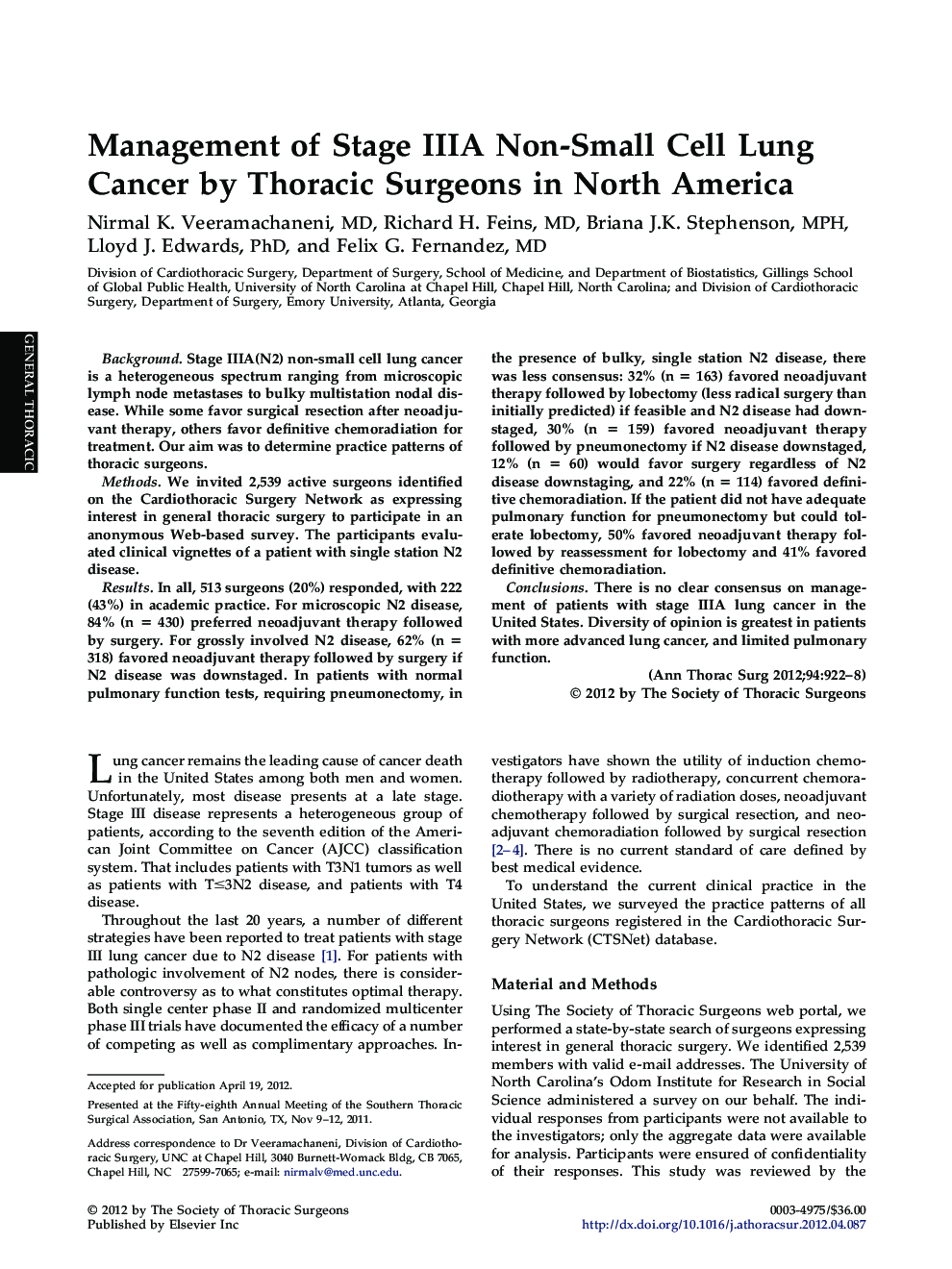 Management of Stage IIIA Non-Small Cell Lung Cancer by Thoracic Surgeons in North America